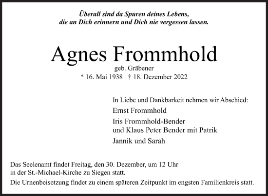 Traueranzeige von Agnes Frommhold von Siegener Zeitung