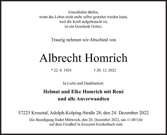 Traueranzeige von Albrecht Homrich von Siegener Zeitung