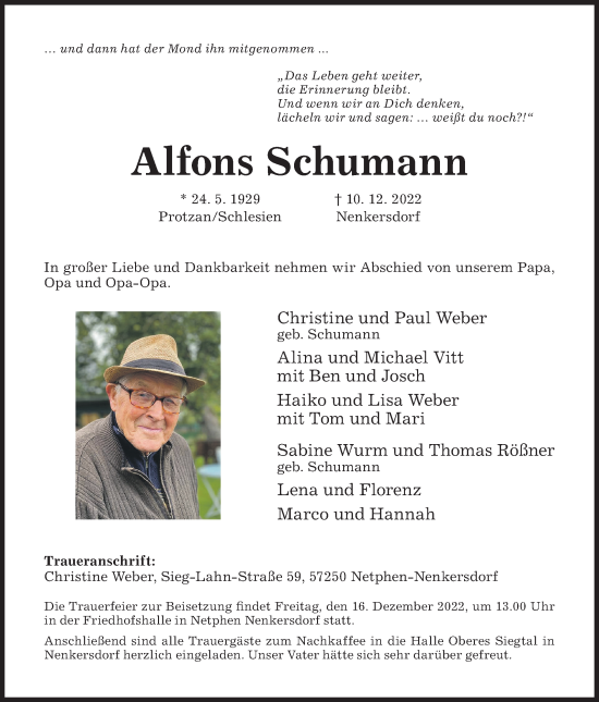 Traueranzeige von Alfons Schumann von Siegener Zeitung