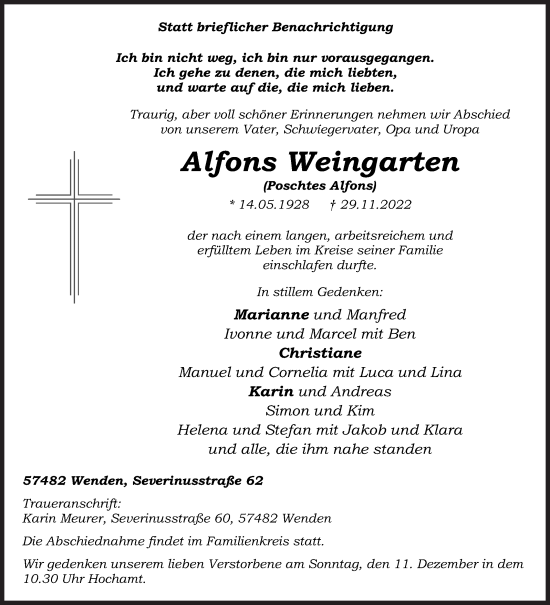 Traueranzeige von Alfons Weingarten von Siegener Zeitung