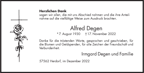 Traueranzeige von Alfred Degen von Siegener Zeitung