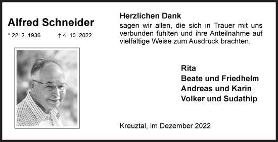 Traueranzeige von Alfred Schneider von Siegener Zeitung