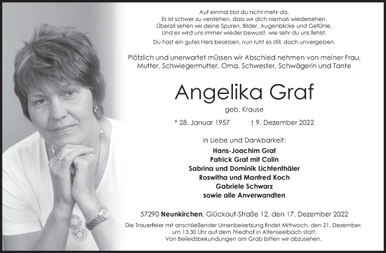 Traueranzeige von Angelika Graf von Siegener Zeitung