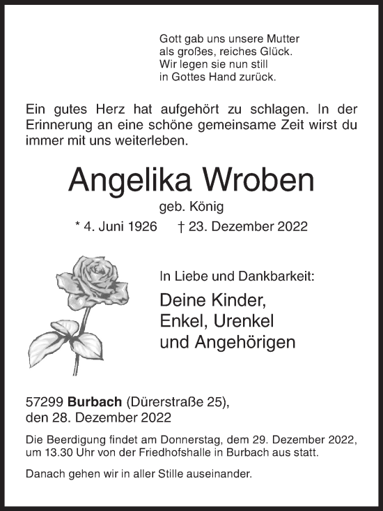 Traueranzeige von Angelika Wroben von Siegener Zeitung