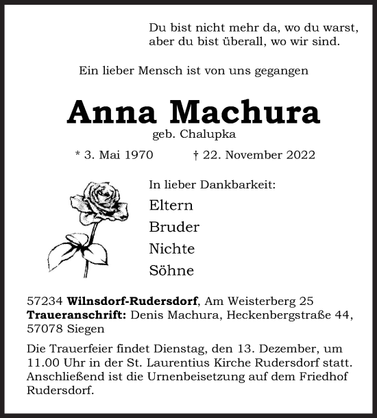 Traueranzeige von Anna Machura von Siegener Zeitung