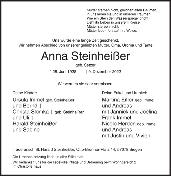 Traueranzeige von Anna Steinheißer von Siegener Zeitung