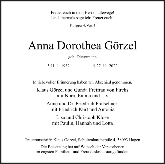 Traueranzeige von Anna Dorothea Görzel von Siegener Zeitung