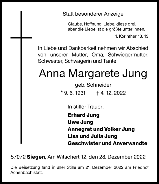 Traueranzeige von Anna Margarete Jung von Siegener Zeitung