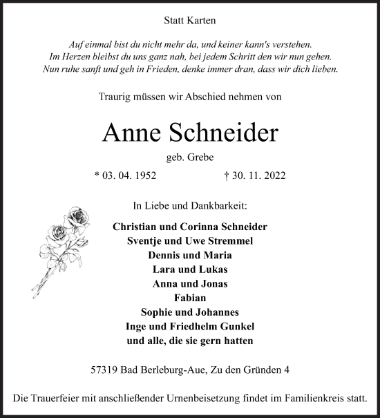 Traueranzeige von Anne Schneider von Siegener Zeitung
