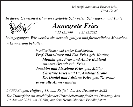 Traueranzeige von Annegrete Fries von Siegener Zeitung
