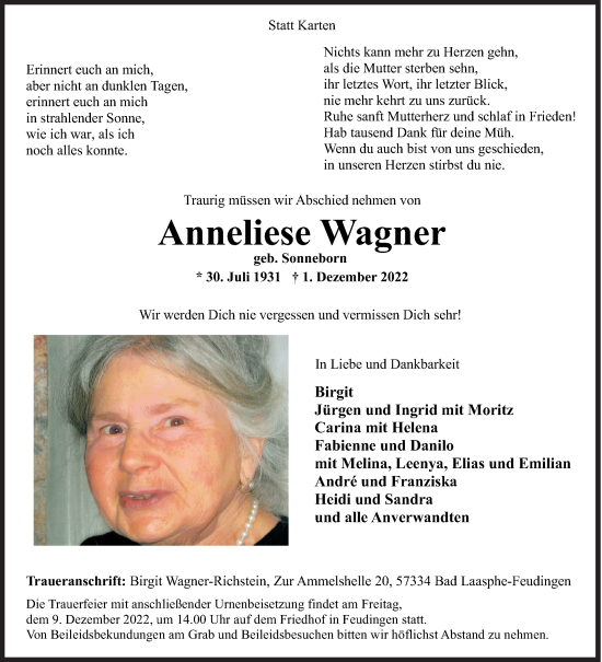Traueranzeige von Anneliese Wagner von Siegener Zeitung