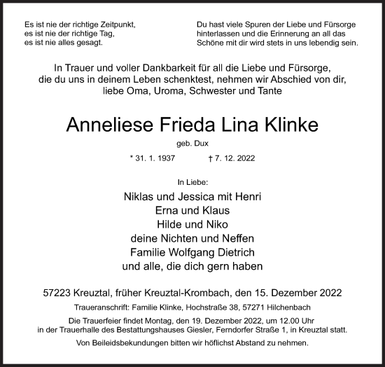 Traueranzeige von Anneliese Frieda Lina Klinke von Siegener Zeitung
