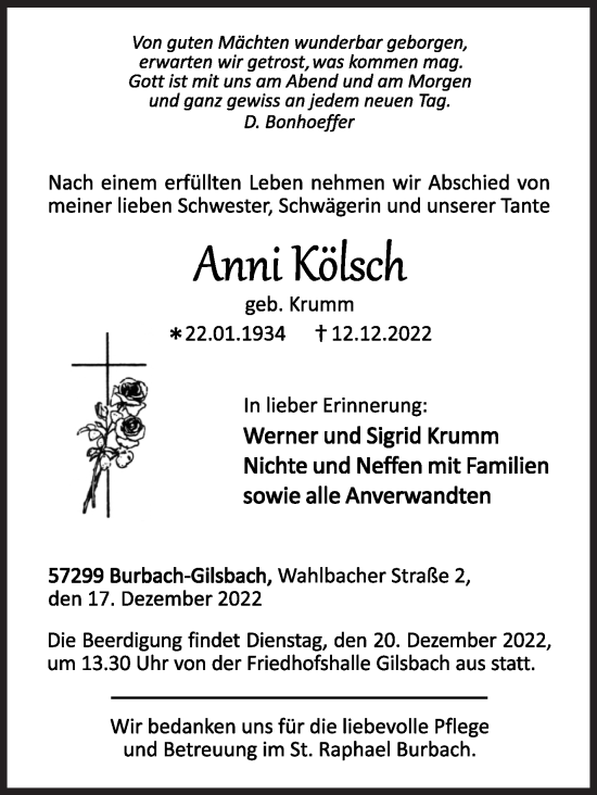 Traueranzeige von Anni Kölsch von Siegener Zeitung