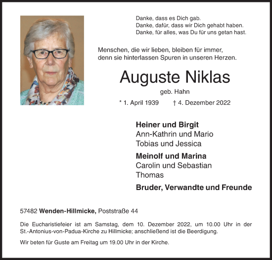 Traueranzeige von Auguste Niklas von Siegener Zeitung