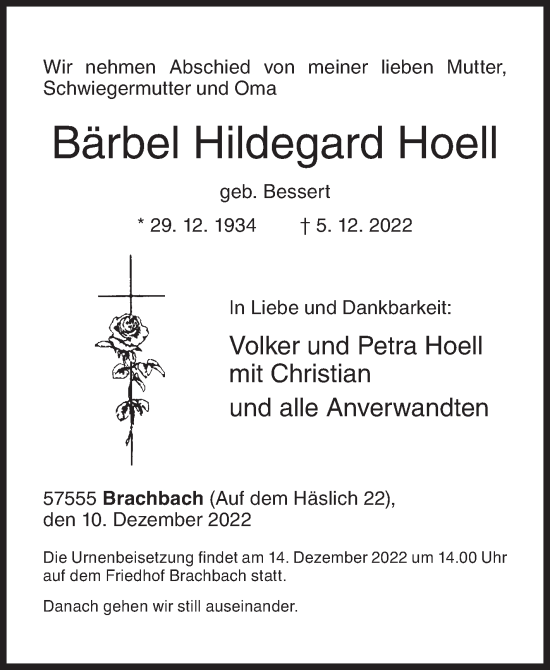 Traueranzeige von Bärbel Hildegard Hoell von Siegener Zeitung