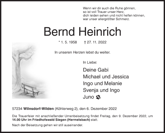 Traueranzeige von Bernd Heinrich von Siegener Zeitung