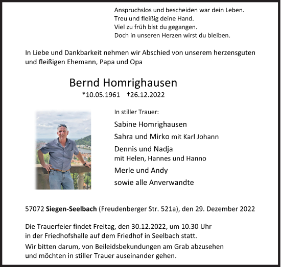 Traueranzeige von Bernd Homrighausen von Siegener Zeitung