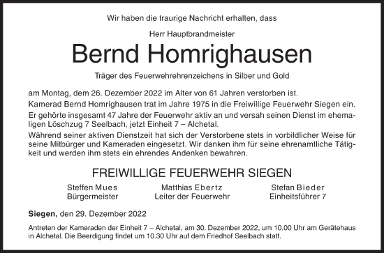 Traueranzeige von Bernd Homrighausen von Siegener Zeitung