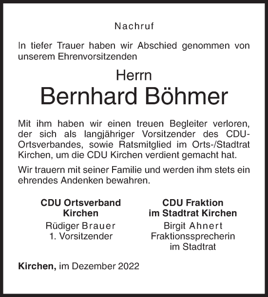 Traueranzeige von Bernhard Böhmer von Siegener Zeitung