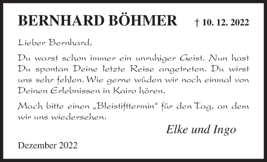 Traueranzeige von Bernhard Böhmer von Siegener Zeitung