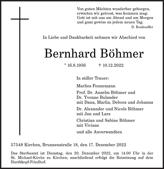 Traueranzeige von Bernhard Böhmer von Siegener Zeitung