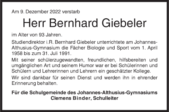 Traueranzeige von Bernhard Giebeler von Siegener Zeitung