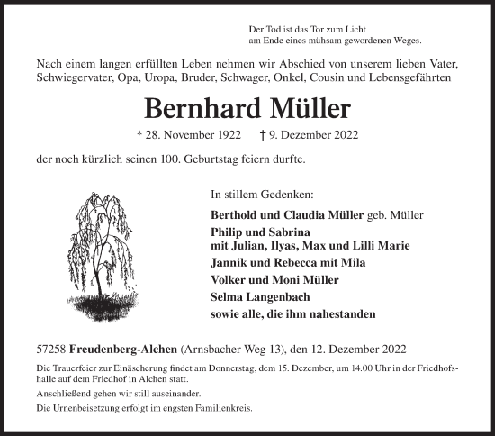 Traueranzeige von Bernhard Müller von Siegener Zeitung