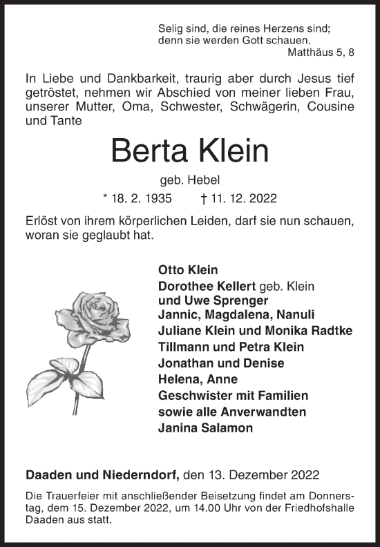 Traueranzeige von Berta Klein von Siegener Zeitung