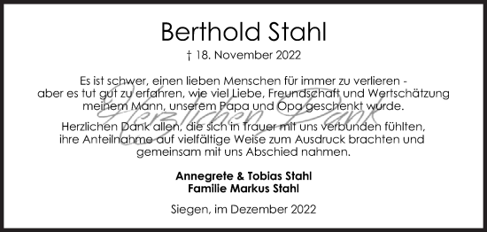 Traueranzeige von Berthold Stahl von Siegener Zeitung