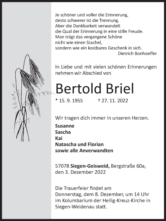 Traueranzeige von Bertold Briel von Siegener Zeitung