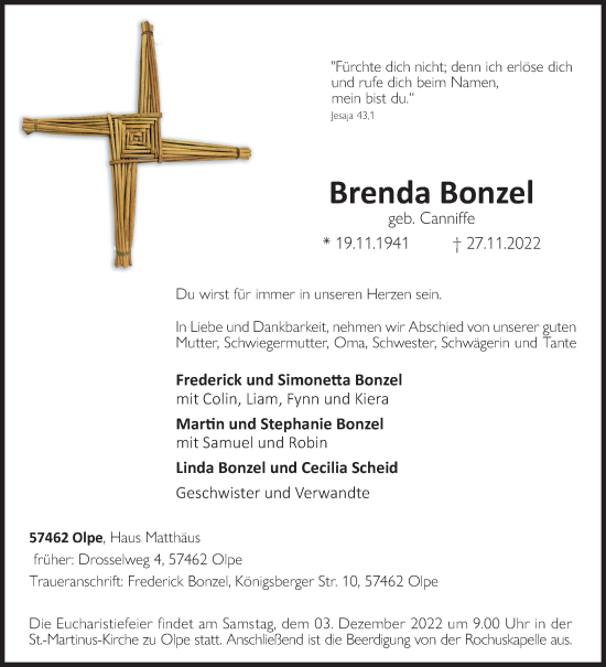 Traueranzeige von Brenda Bonzel von Siegener Zeitung