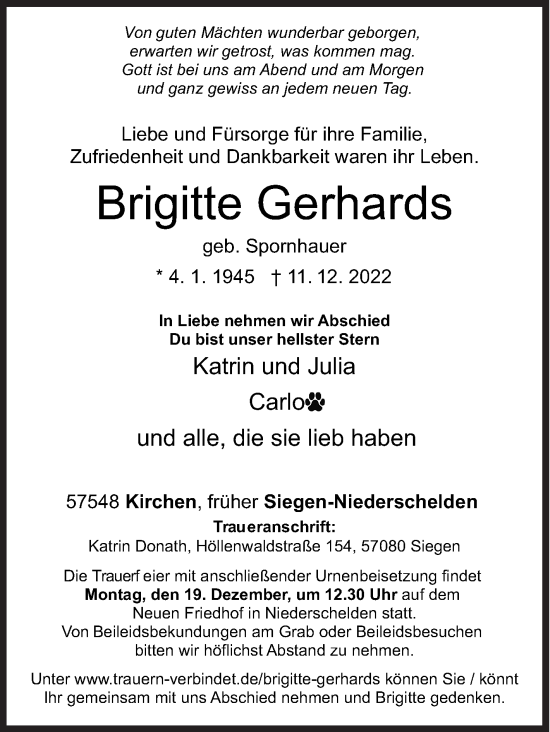 Traueranzeige von Brigitte Gerhards von Siegener Zeitung