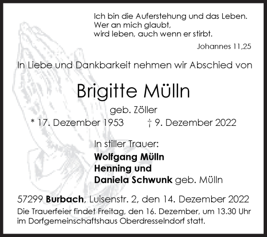 Traueranzeige von Brigitte Mülln von Siegener Zeitung