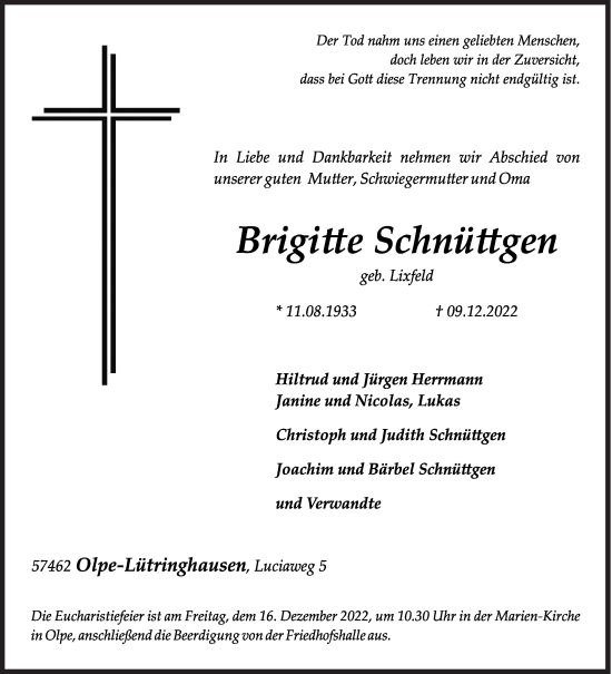 Traueranzeige von Brigitte Schnüttgen von Siegener Zeitung