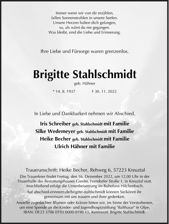 Traueranzeige von Brigitte Stahlschmidt von Siegener Zeitung