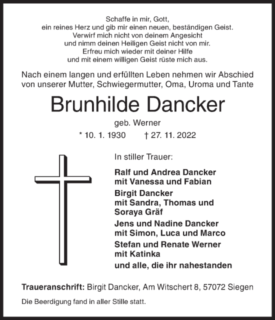Traueranzeige von Brunhilde Dancker von Siegener Zeitung