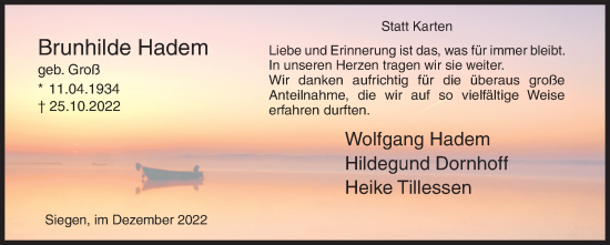 Traueranzeige von Brunhilde Hadem von Siegener Zeitung