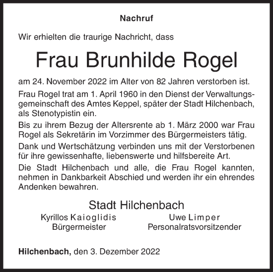 Traueranzeige von Brunhilde Rogel von Siegener Zeitung