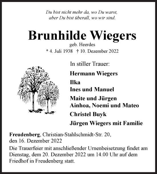 Traueranzeige von Brunhilde Wiegers von Siegener Zeitung