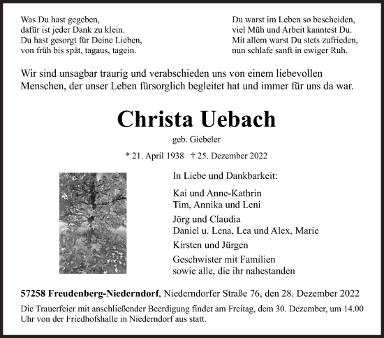Traueranzeige von Christa  Uebach von Siegener Zeitung