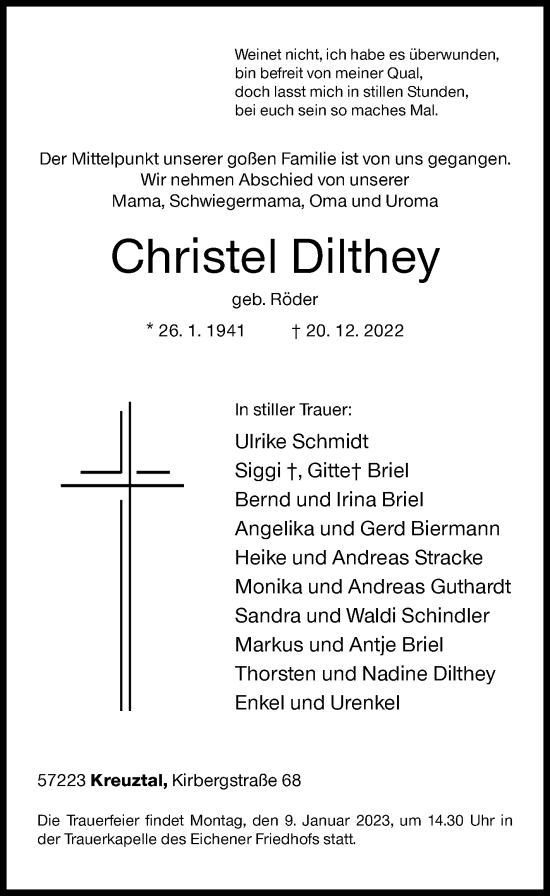 Traueranzeige von Christel Dilthey von Siegener Zeitung