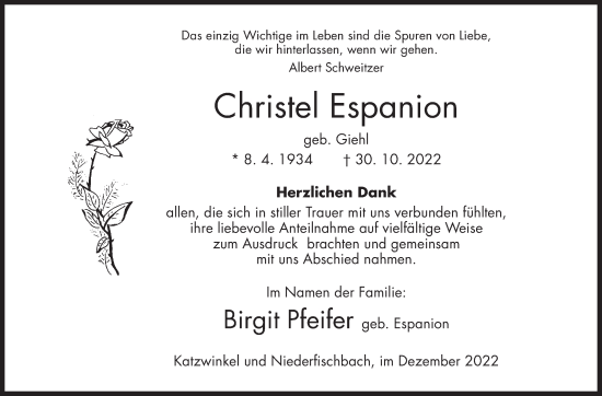 Traueranzeige von Christel Espanion von Siegener Zeitung