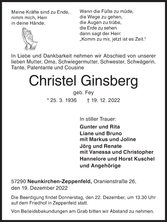 Traueranzeige von Christel Ginsberg von Siegener Zeitung