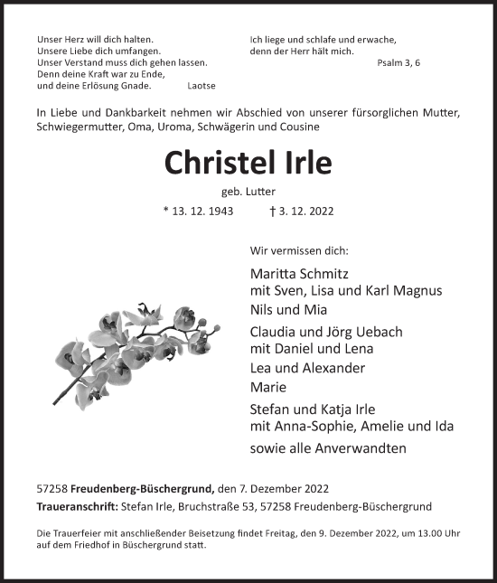 Traueranzeige von Christel Irle von Siegener Zeitung