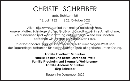 Traueranzeige von Christel Schreiber von Siegener Zeitung