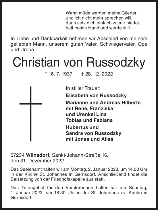 Traueranzeige von Christian von Russodzky von Siegener Zeitung