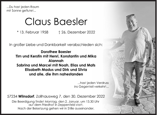 Traueranzeige von Claus Baesler von Siegener Zeitung