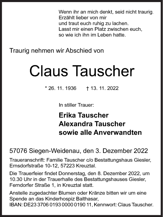 Traueranzeige von Claus Tauscher von Siegener Zeitung
