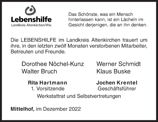 Traueranzeige von Die LEBENSHILFE im Landkreis Altenkirchen trauert um  von Siegener Zeitung
