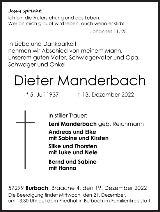 Traueranzeige von Dieter Manderbach von Siegener Zeitung